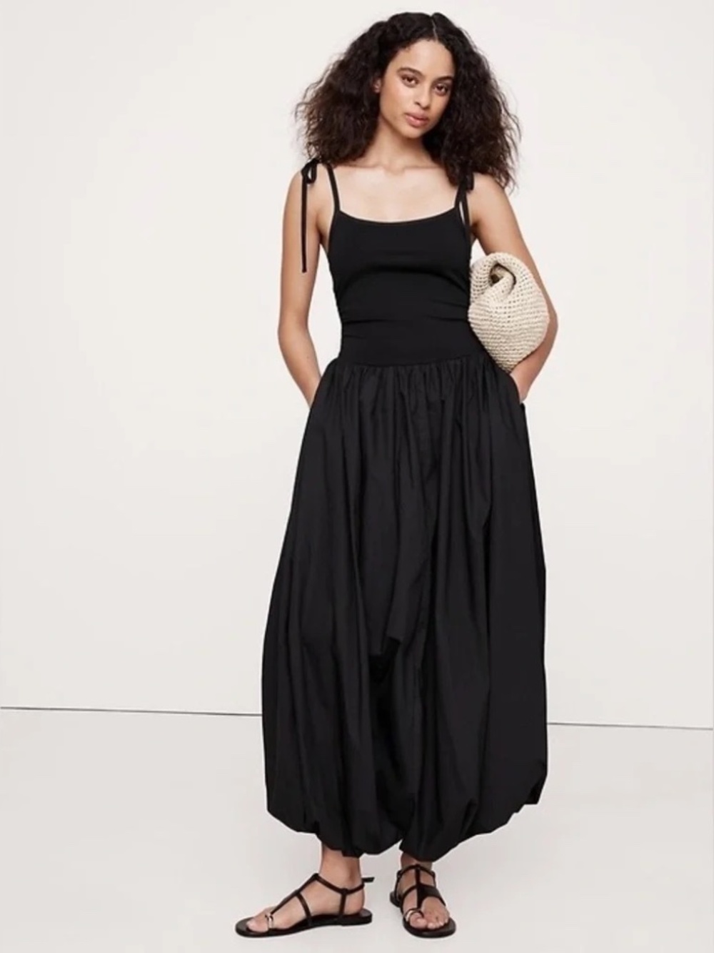 NWT Banana Republic Mixed Media Bubble-Hem Maxi Dress // Black